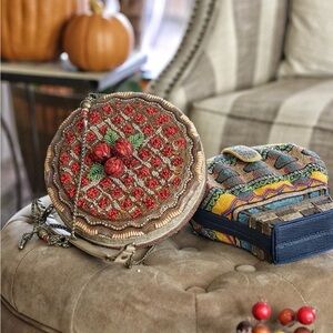Mary Frances Cherry Pie Embroidered Round Bag with Red and Green Accents